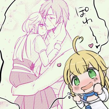 1boy 1girl ahoge blonde_hair blush carrying carrying_under_arm commentary_request drooling green_eyes head_on_another's_shoulder heart husband_and_wife kasakasako long_hair monochrome mushoku_tensei norn_greyrat ruijerd_superdia simple_background smile