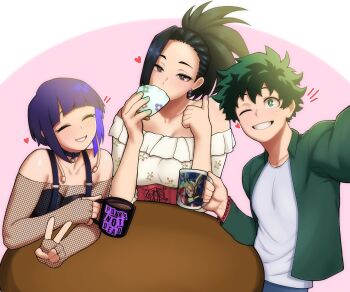 1boy 2girls absurdres all_might black_hair boku_no_hero_academia casual commentary cup dress english_commentary evoltodraw fishnets green_hair highres holding holding_cup jiro_kyoka midoriya_izuku mug multiple_girls purple_hair table yaoyorozu_momo