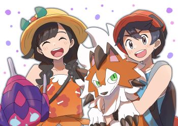 1boy 1girl 8eke725 :d black_hair braid brown_hat closed_eyes elio_(pokemon) gen_7_pokemon hat highres holding holding_pokemon looking_at_viewer lycanroc lycanroc_(dusk) nintendo open_mouth poipole pokemon pokemon_(creature) pokemon_usum selene_(pokemon) shirt sleeveless sleeveless_shirt smile teeth twin_braids ultra_beast upper_body upper_teeth_only