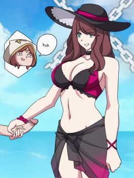 1boy 1girl 20s animated animated_gif arm_at_side bare_arms bare_shoulders bikini black_bikini black_choker black_headwear blue_sky breasts breathing brown_hair choker cleavage cloud cloudy_sky collarbone cowboy_shot cum cum_on_body cum_on_lower_body dorothea_arnault ejaculation electrickronos english_text erection eyes_visible_through_hair fire_emblem fire_emblem:_three_houses fire_emblem_heroes green_eyes hair_over_one_eye handjob happy hat hetero hood hooded_robe huge_filesize hypnosis intelligent_systems kiran_(fire_emblem) large_breasts large_penis looping_animation magic medium_hair mind_control multicolored_bikini navel nintendo out_of_frame outdoors penis pink_bikini robe rubbing runes sarong see-through_clothes sky smile solo_focus speech_bubble split_screen standing staring stasis_(rune) stomach submission summoner swimsuit text_focus uncensored water