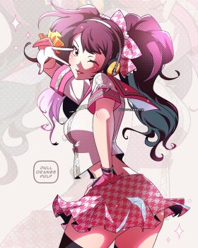 1girl brown_eyes brown_hair dullorangepulp gyaru headphones highres idol kujikawa_rise long_hair persona persona_4 persona_4:_dancing_all_night persona_dancing skirt smile solo twintails
