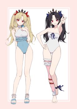 Rule 34 | 2girls, arm behind back, barefoot, black hair, blonde hair, blue sandals, border, breasts, buncho salmon, choker, ereshkigal (fate), fate/grand order, fate (series), frilled garter belt, frilled one-piece swimsuit, frills, full body, halterneck, hand on own hip, highres, ishtar (fate), ishtar (swimsuit rider) (fate), looking at viewer, multiple girls, one-piece swimsuit, outside border, pink border, pointing, pointing at viewer, red hair, sandals, simple background, smile, ereshkigal (swimsuit beast) (fate), standing, standing on one leg, strapless, strapless one-piece swimsuit, swimsuit, thigh gap, twintails, white background, white choker, white one-piece swimsuit