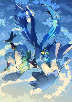 1boy absurdres beak bird_boy blue_feathers braid cloud cloudy_sky feathers flying full_body furry furry_male green_eyes highres hiymhiy looking_at_viewer monster_boy multiple_braids nintendo revali rito sky slit_pupils talons the_legend_of_zelda the_legend_of_zelda:_breath_of_the_wild thick_eyebrows wings