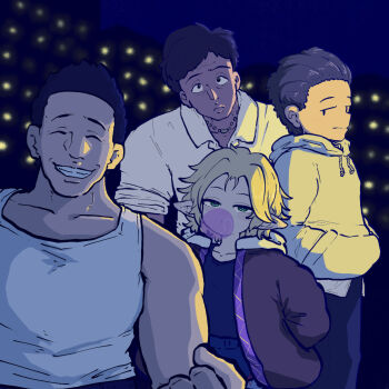 Rule 34 | 1girl, 3boys, absurdres, akanuma, black hair, blonde hair, blowing bubble gum, brown jacket, chewing gum, closed eyes, closed mouth, collared shirt, commentary request, cookie (touhou), expressionless, green eyes, grin, hands in pocket, hands in pockets, highres, hood, hood down, hoodie, jacket, joker (cookie), looking at viewer, majime-kun, manatsu no yo no inmu, mizuhashi parsee, muimui (4242564muimui), multiple boys, open clothes, open jacket, parted bangs, pointy ears, shirt, short hair, smile, tank top, touhou, upper body, white hoodie, white shirt, white tank top, yuusaku (inmu)