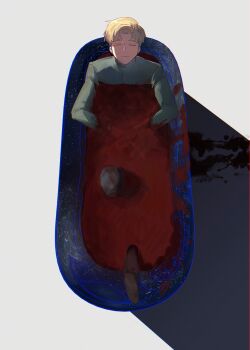 Rule 34 | 1boy, absurdres, bath, bath of blood, black pants, black shoes, blonde hair, blood, blood on ground, chi.: chikyuu no undou ni tsuite, closed eyes, closed mouth, commentary, green jacket, han orb, highres, invisible floor, jacket, male focus, pants, rafal (chi.), shoes, short hair, simple background, sky, smile, solo, star (sky), starry sky, untranslatable commentary, white background