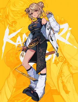 Rule 34 | 1girl, bare shoulders, black nails, black overskirt, black shoes, blonde hair, chinese clothes, dark-skinned female, dark skin, double bun, dress, earrings, gyaru, hair bun, highres, jacket, jewelry, kaminari qpi, kaminari qpi (4th costume), leg warmers, off shoulder, orange eyes, parted bangs, pokimari, shoes, sleeveless, sleeveless dress, sleeves past wrists, solo, tassel, tassel earrings, virtual youtuber, vspo!, white jacket, yellow background, zoom layer