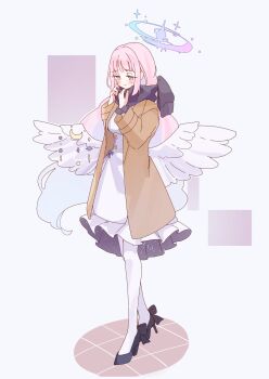 Rule 34 | 1girl, adjusting scarf, angel wings, black scarf, black scrunchie, black shoes, blue archive, blue bow, blue hair, blue halo, blunt bangs, blush, bow, brown coat, closed mouth, coat, commentary request, crescent, dress, enpera, feathered wings, full body, gradient hair, gradient halo, halo, high heels, highres, long hair, low wings, mika (blue archive), multicolored hair, multicolored halo, open clothes, open coat, pantyhose, pink hair, pink halo, rco as, scarf, scrunchie, shoes, smile, solo, very long hair, white background, white dress, white pantyhose, wing ornament, wings, wrist scrunchie, yellow eyes
