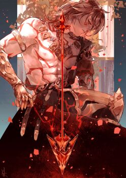 1boy abs absurdres armlet ayatheav blonde_hair braid chest_tattoo clawed_gauntlets closed_mouth commentary facial_tattoo from_side gold_armlet gold_necklace highres honkai:_star_rail honkai_(series) jewelry male_focus mydei_(honkai:_star_rail) necklace nipples nose pectorals red_tattoo side_braid single_braid solo symbol-only_commentary tattoo yellow_eyes