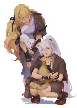 Rule 34 | ahoge, alternate costume, behind another, bent over, blonde hair, cat, closed mouth, collarbone, crmnlmlfhntr, durandal (honkai impact), gradient hair, hair between eyes, hair ribbon, hashtag-only commentary, head tilt, high ponytail, highres, honkai (series), honkai impact 3rd, jacket, kiana kaslana, leaning forward, light smile, long hair, multicolored hair, open clothes, open jacket, ponytail, ribbon, shade, shirt, short sleeves, siblings, sisters, skirt, squatting, standing, streaked hair, wavy hair, white hair, white shirt, wide sleeves