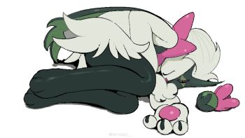 1other body_fur claws commentary full_body furry green_fur highres looking_at_viewer lying meowscarada nas_u nintendo on_side pink_eyes pokemon simple_background symbol-only_commentary white_background