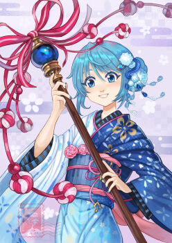 1girl blue_eyes blue_hair blue_kimono blue_nails calligraphy_brush floral_print grin hair_bun hair_ornament hand_up haregi highres holding holding_calligraphy_brush holding_paintbrush japanese_clothes kimono long_sleeves looking_at_viewer magia_record:_mahou_shoujo_madoka_magica_gaiden mahou_shoujo_madoka_magica miki_sayaka miki_sayaka_(haregi_ver.) obi obijime official_alternate_costume oversized_object paintbrush pom_pom_(clothes) pom_pom_hair_ornament procreate_(medium) purple_background sandkessho sash short_hair single_side_bun smile solo teeth upper_body waist_ribbon watermark wide_sleeves