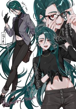 Rule 34 | 1girl, bag, black gloves, black pants, black shirt, blush, breasts, closed mouth, clothing cutout, commentary request, earrings, glasses, gloves, green hair, grey jacket, highres, holding, holding bag, jacket, jewelry, long hair, looking at viewer, midriff, multiple views, navel, necklace, nintendo, nori (oonori san), official alternate costume, official alternate hairstyle, open mouth, pants, pokemon, pokemon masters ex, red eyes, rika (palentine's 2026) (pokemon), rika (pokemon), semi-rimless eyewear, shirt, smile, stomach cutout, sweat, teeth, under-rim eyewear, very long hair