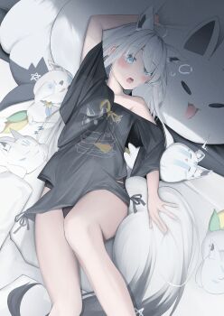 1girl absurdres ahoge animal_ear_piercing animal_ears aqua_eyes arm_up black_panties black_shirt blush clothing_cutout commentary extra_ears fox_ears fox_girl fox_tail highres hip_vent hololive long_hair looking_at_viewer lying no_pants official_alternate_costume on_back open_mouth panties pentagram rararirara shirakami_fubuki shirakami_fubuki_(loungewear) shirt side-tie_shirt solo sukonbu_(shirakami_fubuki) symbol-only_commentary t-shirt tail underwear virtual_youtuber white_hair