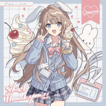 1girl animal_ears blue_cardigan brown_hair cardigan collared_shirt commission food grey_skirt hair_ornament hairclip highres holding holding_food holding_ice_cream ice_cream long_hair long_sleeves moo_n_moko open_mouth original rabbit rabbit_ears shirt skeb_commission skirt smile v white_shirt