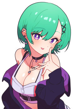 1girl absurdres barbell_piercing bare_shoulders black_choker black_jacket bra_strap breasts choker cleavage collarbone commentary_request ear_piercing earrings finger_to_cheek green_hair hair_ornament head_tilt highres industrial_piercing jacket jewelry looking_at_viewer multiple_necklaces necklace niboshidrip off_shoulder parted_lips pendant_choker piercing purple_eyes short_hair simple_background solo spiked_ear_piercing tank_top upper_body virtual_youtuber vspo! white_background wolf_cut x_hair_ornament yakumo_beni yakumo_beni_(4th_costume)