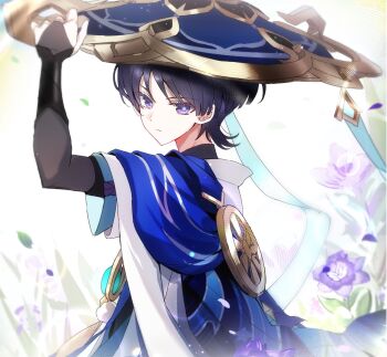 1boy blue_hair bodysuit closed_mouth flower genshin_impact grass hand_on_headwear hat hoxino jewelry leaf looking_at_viewer looking_back male_focus purple_eyes ring scaramouche_(genshin_impact) solo sumeru_rose_(genshin_impact) vision_(genshin_impact) wanderer_(genshin_impact)