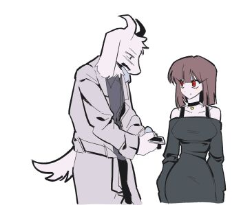 1girl aged_up animal_ears asriel_dreemurr breasts brown_hair chara_(undertale) choker goat_ears goat_horns goat_tail highres horns large_breasts red_eyes s4ngd tail undertale utdr_(toby_fox)