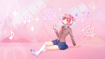 1girl blue_skirt blush cellphone cellphone_charm charm_(object) closed_mouth collared_shirt commentary doki_doki_literature_club doki_doki_literature_club_school_uniform dot_mouth earbuds earphones english_commentary eyelashes full_body grey_jacket hair_intakes hair_ornament hairclip hand_on_floor heart highres holding holding_phone jacket listening_to_music long_sleeves looking_up musical_note natsuki_(doki_doki_literature_club) neck_ribbon official_art orange_sweater_vest orange_vest phone pink_background pink_eyes pink_hair red_ribbon ribbon satchely school_uniform shirt shoes short_hair sitting skirt smartphone socks solo sparkle sweater_vest third-party_source two_side_up vest white_shirt white_shoes white_socks