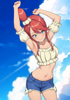 1girl absurdres armpits arms_up blue_eyes blue_shorts blue_sky breasts closed_mouth cloud cocorosot collarbone commentary_request crop_top day denim denim_shorts detached_sleeves highres looking_at_viewer medium_breasts navel nintendo one_side_up outdoors pokemon pokemon_masters_ex red_hair short_shorts shorts sidelocks sky skyla_(pokemon) skyla_(summer_2025)_(pokemon) smile solo stomach tan
