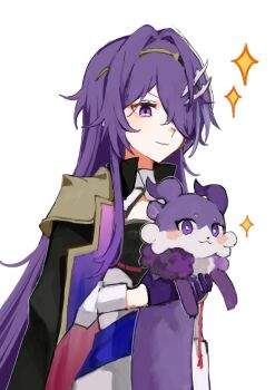 1girl :3 acheron_(honkai:_star_rail) alternate_costume ascot chimera_(honkai:_star_rail) coat commentary_request diamond-shaped_pupils diamond_(shape) gloves hair_ornament hair_over_one_eye headband highres honkai:_star_rail honkai_(series) horns long_hair long_sleeves oreore1121 purple_eyes purple_fur purple_hair smile sparkle symbol-shaped_pupils very_long_hair white_background
