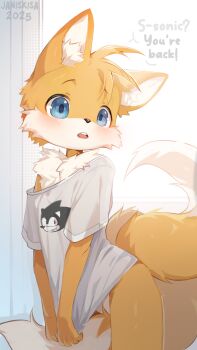 1boy 2025 animal_ears artist_name blue_eyes bottomless english_text fox_boy fox_ears fox_tail furry furry_male highres kisahuiisa looking_at_viewer male_focus multiple_tails shirt shota solo sonic_(series) standing tail tails_(sonic) two_tails