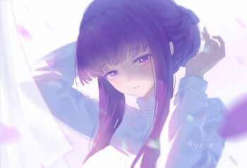 1girl adjusting_hair alternate_hairstyle blurry blurry_foreground breasts falling_petals fern_(sousou_no_frieren) fio_(kpsmile) hair_bun large_breasts long_sidelocks long_sleeves looking_at_viewer parted_lips petals purple_eyes purple_hair sidelocks single_hair_bun smile solo sousou_no_frieren white_background