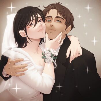 Rule 34 | 1boy, 1girl, arm around neck, arm around shoulder, black hair, black jacket, black necktie, breasts, bridal veil, bride, brown hair, cheek-to-cheek, cleavage, closed mouth, collared shirt, dress, eren yeager, facial scar, flower, green eyes, grey background, grey eyes, groom, hair between eyes, hand on another's chin, hanpetos, heads together, husband and wife, jacket, medium breasts, medium hair, mikasa ackerman, necktie, parted bangs, rose, scar, scar on cheek, scar on face, shingeki no kyojin, shirt, short hair, smile, sparkle, suit jacket, upper body, veil, wedding, wedding dress, white dress, white flower, white rose, white shirt