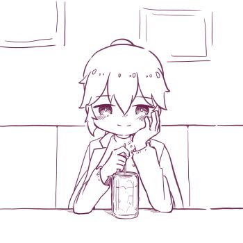 1girl assault_lily blush booth_seating closed_mouth commentary_request cup drinking_glass drinking_straw elbows_on_table greyscale hair_between_eyes hand_on_own_cheek hand_on_own_face hands_up high_ponytail highres holding holding_drinking_straw indoors jacket jacket_on_shoulders long_hair long_sleeves looking_at_viewer monochrome nagasawa_yuki_(assault_lily) picture_frame ponytail restaurant shirt short_hair smile solo table teisuu upper_body white_shirt