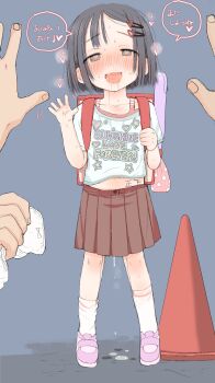 1girl 2boys after_vaginal aftersex backpack bad_id bad_nijie_id bag black_hair blush body_writing clothed_dripping cum cum_in_pussy cum_pool cumdrip drooling eyebrows eyebrows_hidden_by_hair fang female_pervert flute full_body hair_ornament hairclip half-closed_eyes hangaku_(nijie412305) heart heart-shaped_pupils highres instrument japanese_text jojifuku loli looking_at_viewer multiple_boys no_panties open_mouth original panties pervert pov pov_hands pussy_juice pussy_juice_trail randoseru recorder saliva shirt short_hair skirt source_request symbol-shaped_pupils t-shirt tally translated underwear waving