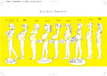 1other 6+girls absurdres adjusting_hair arm_behind_head arms_behind_back baby bra braid breasts carrying_baby carrying_person chart english_text full_body hair_bun hair_ornament hairclip hand_on_own_hip hand_on_own_stomach highres japanese_text lineup maternity_underwear medium_breasts medium_hair monochrome_background multiple_girls panties ponytail pregnant progression ribbon short_hair single_hair_bun standing underwear underwear_only yellow_background