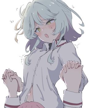 2girls amaori_renako aqua_hair ashigaya_high_school_uniform collared_shirt commentary_request dokusai_0207 fang hair_bun heart highres holding_hands implied_cunnilingus interlocked_fingers koyanagi_kaho long_sleeves multiple_girls navel open_mouth partially_unbuttoned pink_hair ribbon school_uniform shirt simple_background single_side_bun skin_fang sweat trembling watashi_ga_koibito_ni_nareru_wake_naijan_murimuri! white_background white_shirt yellow_eyes yellow_ribbon yuri