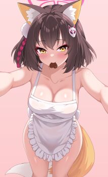 Rule 34 | 1girl, absurdres, animal ear fluff, animal ears, apron, blue archive, blush, breasts, brown hair, candy, chocolate, chocolate heart, cleavage, collarbone, colored inner animal ears, commentary, enru, eyeshadow, feet out of frame, food, food in mouth, fox ears, fox girl, fox hair ornament, fox tail, frilled apron, frills, hair between eyes, hair ornament, halo, heart, heart-shaped food, highres, izuna (blue archive), large breasts, looking at viewer, makeup, mouth hold, naked apron, one side up, outstretched arms, pink halo, pom pom (clothes), pom pom hair ornament, red eyeshadow, rope, shimenawa, short hair, smile, solo, standing, tail, thighs, white apron, yellow eyes, yellow tail