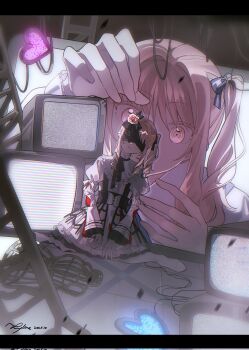 2others akiyama_mizuki black_ribbon blurry cable commentary crt depth_of_field dress dual_persona eye_mask frilled_dress frilled_sleeves frills glowing highres juliet_sleeves kyline long_sleeves mask mini_person multiple_others no_shoes other_focus pink_eyes pink_hair project_sekai puffy_sleeves ribbon side_ponytail static symbol-only_commentary white_dress