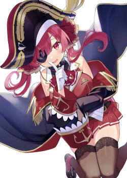 1girl ascot ayame_(3103942) bare_shoulders black_coat black_hat black_shoes blush breasts brown_thighhighs cleavage coat commentary_request eyepatch finger_to_mouth gloves hair_ribbon hat highres hololive houshou_marine houshou_marine_(1st_costume) jacket knees_together_feet_apart large_breasts long_hair long_sleeves looking_at_viewer off_shoulder parted_lips pirate_hat pleated_skirt red_ascot red_eyes red_hair red_jacket red_ribbon red_skirt ribbon see-through_cleavage see-through_clothes shoes shushing simple_background skirt sleeveless sleeveless_jacket smile solo thighhighs twintails virtual_youtuber white_background white_gloves