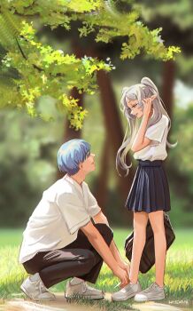 1boy 1girl absurdres adjusting_hair alternate_costume artist_name black_pants black_skirt blue_hair blurry blurry_background commentary day elf english_commentary frieren from_side grey_hair grin highres himmel_(sousou_no_frieren) milgtea outdoors pants pleated_skirt pointy_ears school_uniform shirt shirt_tucked_in shoes short_hair short_sleeves skirt smile sousou_no_frieren teeth tree twintails white_shirt white_shoes