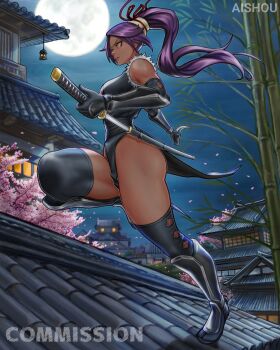 absurdres ai_shou bare_shoulders black_boots black_leotard black_thighhighs bleach boots cherry_blossoms commission dark-skinned_female dark_skin full_body high_ponytail highres holding holding_sword holding_weapon katana leotard long_hair night petals pink_petals ponytail purple_hair sheath shihouin_yoruichi sword thighhighs weapon yellow_eyes