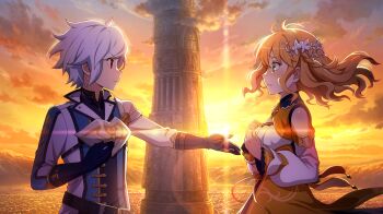 1boy 1girl anime_coloring armor bell_cranel belt black_belt blue_gloves blue_jacket braid breastplate crying crying_with_eyes_open danmachi_battle_chronicle detached_sleeves dress dungeon_ni_deai_wo_motomeru_no_wa_machigatteiru_darou_ka from_side game_cg gloves green_eyes hair_ornament hand_on_own_chest hands_on_own_chest harmonia_(danmachi) highres jacket looking_at_another medium_hair mountainous_horizon multicolored_dress multicolored_jacket non-web_source offering_hand_to_another official_alternate_costume official_art orange_dress orange_hair orange_sky pauldrons reaching reaching_towards_another red_eyes short_hair shoulder_armor single_braid single_pauldron sky sleeveless sleeveless_dress sunset tears tower white_dress white_hair white_jacket white_sleeves