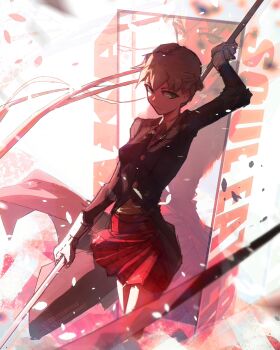 1girl absurdres black_coat blonde_hair character_name closed_mouth coat commentary copyright_name cowboy_shot floating_clothes gloves green_eyes highres holding holding_scythe instagram_logo instagram_username maka_albarn multiple_views red_skirt scythe skirt soul_eater stephengiannart twintails twitter_logo twitter_username white_gloves wind