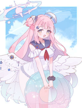 Rule 34 | 1girl, anchor hair ornament, angel wings, black sailor collar, blue archive, blush, breasts, commentary request, dress, feathered wings, feet out of frame, flower, hair bun, hair flower, hair ornament, halo, hat, highres, innertube, long hair, looking at viewer, medium breasts, mika (blue archive), neckerchief, open mouth, pink hair, pink halo, purple flower, rco as, red neckerchief, sailor collar, sailor dress, sailor hat, single side bun, sleeveless, sleeveless dress, smile, solo, swim ring, white dress, white hat, white wings, wings, yellow eyes