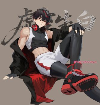 1boy absurdres black_gloves black_hair commentary_request compression_leggings fingerless_gloves gloves grey_background hand_on_own_knee headphones headphones_around_neck highres invisible_floor male_focus mole mole_under_eye multicolored_hair navel off_shoulder original parted_lips red_hair shoe_soles shorts simple_background sitting sleeveless solo stomach streaked_hair sweat tateokamiya teeth translation_request twitter_username white_shorts