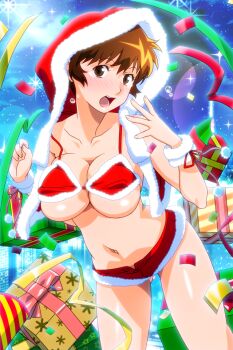 1girl bikini blush box breasts brown_eyes brown_hair collarbone confetti cowboy_shot fur_trim gift gift_box huge_breasts looking_at_viewer micro_shorts non-web_source official_art open_mouth photoshop_(medium) red_bikini red_shorts shiny_skin short_hair shorts solo super_real_mahjong swimsuit tanaka_ryou tears toyohara_etsuko wrist_cuffs