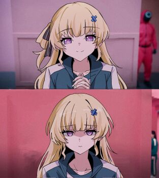 1girl black_bow blonde_hair bow closed_mouth collarbone commentary english_commentary green_track_suit hair_bow hair_ornament highres long_hair looking_at_viewer meme multiple_views own_hands_clasped own_hands_together partially_shaded_face phoebe_(wuthering_waves) pokarii_zuu purple_eyes smile soldier_(squid_game) squid_game striped_bow track_suit wuthering_waves x_hair_ornament year_1_&amp;_year_2_(squid_game)_(meme)