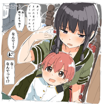 1boy 1girl admiral_(kancolle) age_difference artist_name black_hair braid chair commentary_request dated fanning green_shirt highres hot indoors kantai_collection kitakami_(kancolle) looking_at_viewer military_uniform mochisaka_mitsuki onee-shota puffy_short_sleeves puffy_sleeves purple_eyes red_hair sailor_collar shirt short_sleeves shota sidelocks single_braid sitting speech_bubble sweat