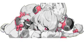 1girl ahoge animal_ear_fluff animal_ear_piercing animal_ears anklet braid bright_pupils commentary dress ear_piercing english_commentary furry furry_female heart heart_in_eye highres jewelry long_hair long_sleeves looking_at_viewer lying mindscape_cinema_(zenless_zone_zero) monochrome official_art on_side one_eye_closed piercing rabbit_ears rabbit_girl rabbit_tail red_eyes short_dress short_eyebrows solo symbol_in_eye tail twin_braids white_pupils zenless_zone_zero zhao_(zenless_zone_zero)