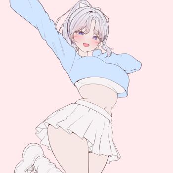 1girl arm_up blue_eyes blue_shirt blush breasts commentary_request cowboy_shot cropped_shirt flat_color grey_hair highres ine_(vtuber) large_breasts long_sleeves looking_at_viewer miniskirt navel open_mouth parted_bangs pink_background rapid17 shirt shoes short_hair simple_background skirt smile solo stomach virtual_youtuber waktaverse white_shoes white_skirt