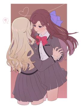 2girls absurdres black_hairband blazer blonde_hair bow bowtie brown_hair collared_shirt commentary food food_in_mouth grey_jacket grey_skirt hair_ribbon hairband hashtag-only_commentary heart heart_of_string highres holding_another&#039;s_wrist jacket long_hair multiple_girls pleated_skirt pocky pocky_day pocky_in_mouth pocky_kiss purple_eyes purple_ribbon raven_(rnzraven) red_bow red_bowtie ribbon saijou_claudine shared_food shirt shoujo_kageki_revue_starlight skirt tendou_maya white_shirt yuri