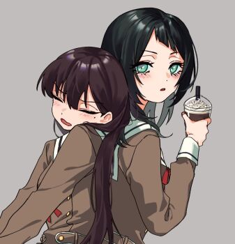 2girls aqua_eyes bang_dream! bang_dream!_it&#039;s_mygo!!!!! black_hair blush brown_dress closed_eyes commentary cup cx6lc0 disposable_cup dress grey_background hanasakigawa_school_uniform holding holding_cup long_hair mole mole_under_eye multiple_girls open_mouth parted_lips sailor_collar sailor_dress school_uniform shiina_taki simple_background symbol-only_commentary white_sailor_collar yahata_umiri
