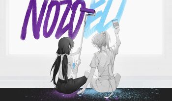 2girls ayase_eli facing_away hair_ornament hair_scrunchie highres holding holding_paintbrush k.jhitsugi long_hair love_live! love_live!_school_idol_project low_twintails multiple_girls overalls paint paintbrush ponytail scrunchie smile suspenders tojo_nozomi twintails yuri