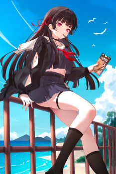 1girl absurdres arm_cutout bingcan black_choker black_hair black_jacket black_serafuku black_shirt black_skirt black_socks blue_sky breasts bright_pupils chisa_(wuthering_waves) choker clothing_cutout commentary crop_top day feet_out_of_frame food food_in_mouth hair_ribbon highres id_card jacket long_hair long_sleeves looking_at_viewer md5_mismatch medium_breasts midriff mole mole_under_eye navel neckerchief outdoors pink_eyes pocky pocky_in_mouth red_neckerchief red_ribbon ribbon sailor_collar school_uniform serafuku shirt skirt sky socks solo thigh_strap thighs third-party_edit white_pupils white_sailor_collar wuthering_waves