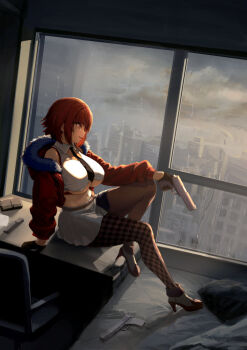 1girl ankle_boots argyle_clothes argyle_pantyhose arm_at_side arm_on_knee asymmetrical_legwear bare_shoulders bed belt black_gloves black_necktie boots breasts brown_belt brown_boots brown_pantyhose building chair city collared_shirt commentary_request commission crop_top day desk from_side full_body fur-trimmed_hood fur_trim gloves gun half_gloves hand_up handgun high_heel_boots high_heels holding holding_gun holding_weapon hood hood_down hooded_jacket indoors jacket knee_up large_breasts long_sleeves looking_ahead magazine_(weapon) midriff miniskirt mismatched_legwear miyabinp multicolored_boots navel necktie office_chair on_desk open_clothes open_jacket orange_hair original overcast pantyhose parted_lips pillow profile rain red_jacket shirt short_hair sitting skeb_commission skirt sky skyscraper sleeveless sleeveless_shirt smile solo swivel_chair teeth two-tone_boots underboob upper_teeth_only weapon white_boots white_shirt white_skirt window